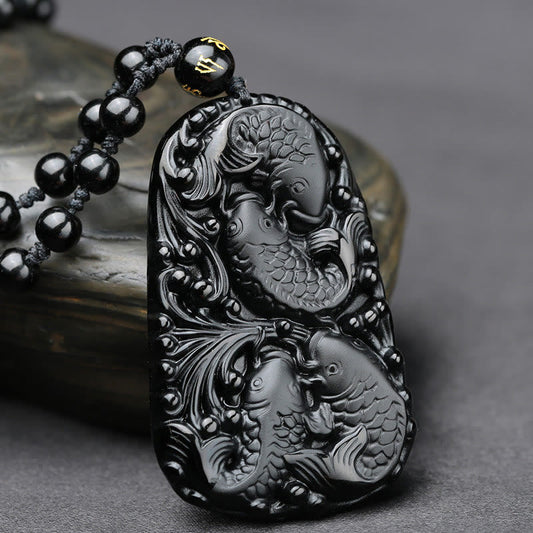 Spiritualität Buddha Karma Schwarzer Obsidian Koi Fisch Gravur Stärke Perlenkette Anhänger