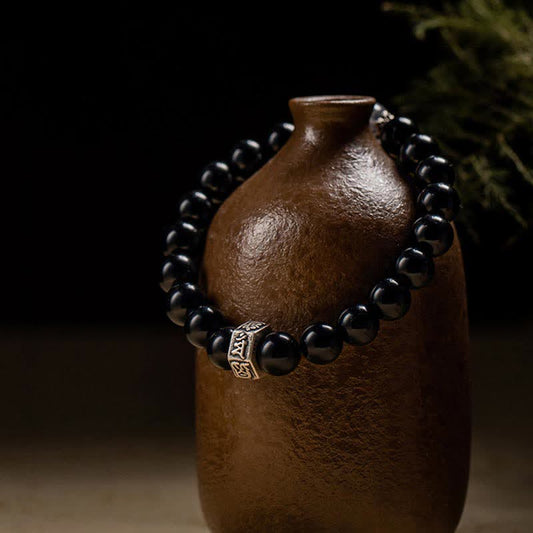 Spiritualität Buddha Karma Chinesischer Tierkreis Geburtsbuddha 925 Sterling Silber Schwarzer Obsidian Mondstein Stärke Armband
