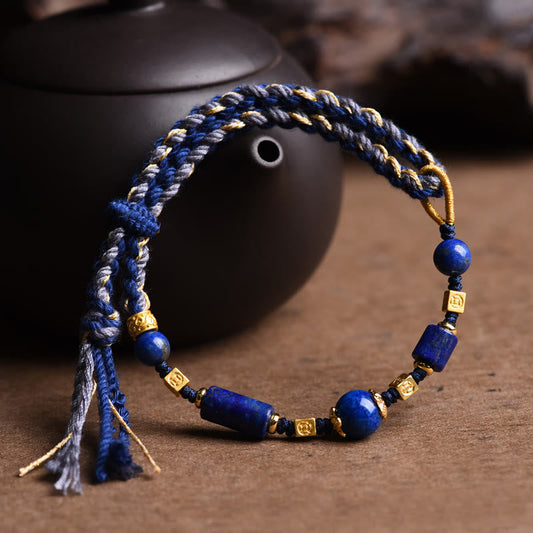 Antikes tibetisch-buddhistisches Armband aus rotem Seil, handgefertigt aus natürlichen Lapislazuli-Perlen
