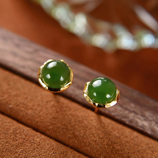 Boucles d'oreilles puces en jade cyan naturel Hetian plaqué or et argent sterling 925, ornées de perles porte-bonheur.