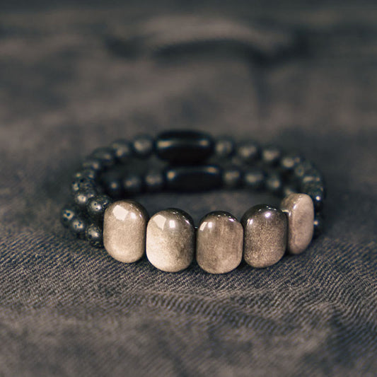Spirituality Buddha Karma Natural Silver Sheen Obsidian Lava Rock Communication Bracelet