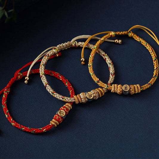 Antikes tibetisch-buddhistisches Armband aus geflochtener Schnur mit roter Schnur, Symbol für den chinesischen Tierkreis und Buddha-Geburtstag, Silber.