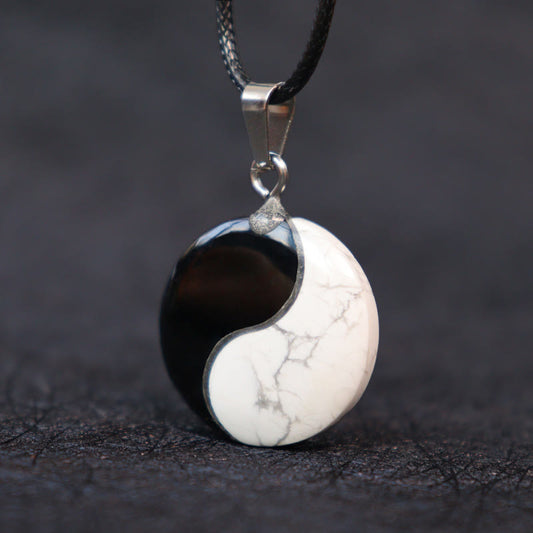 Spirituality Buddha Karma Natural Black Obsidian White Turquoise Yin Yang Transformation Rope Necklace Pendant
