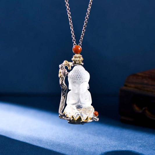 Buddha-Energie-Halskette, 925 Sterlingsilber, weißer Kristall, Buddha-Anhänger zum Schutz und zur Stärkung