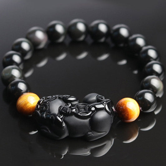 Spiritualität Buddha Karma FengShui PiXiu Regenbogen Obsidian Tigerauge Reichtumsarmband