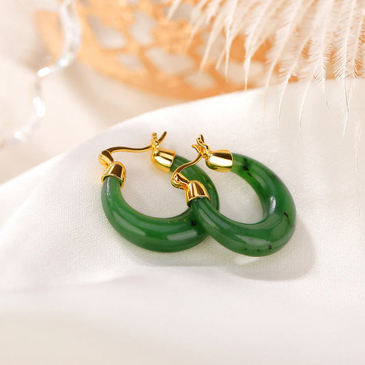 Jade 925 Sterling Silver Plated Gold Natural Round Hetian Cyan Jade Luck Drop Earrings