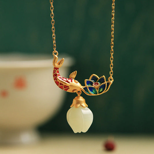 Jade 925 Sterling Silver White Jade Koi Fish Lotus Protection Necklace Pendant