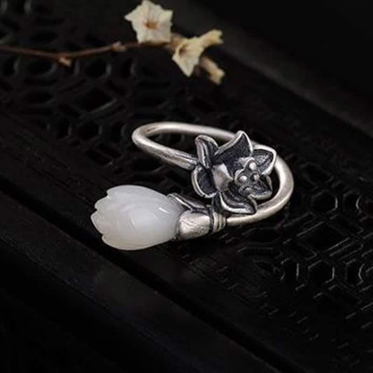 Jade Jade Lotus Copper Balance Healing Adjustable Ring