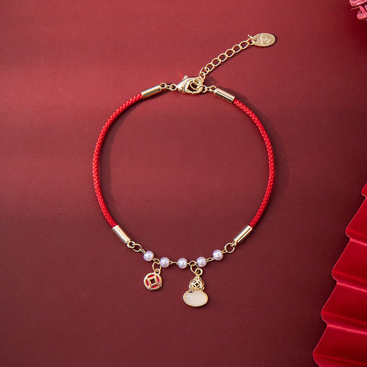 Ancient Tibetan Buddhist Red String Tradition Copper Coin Pearl Gourd Charm Braided Red Rope Bracelet