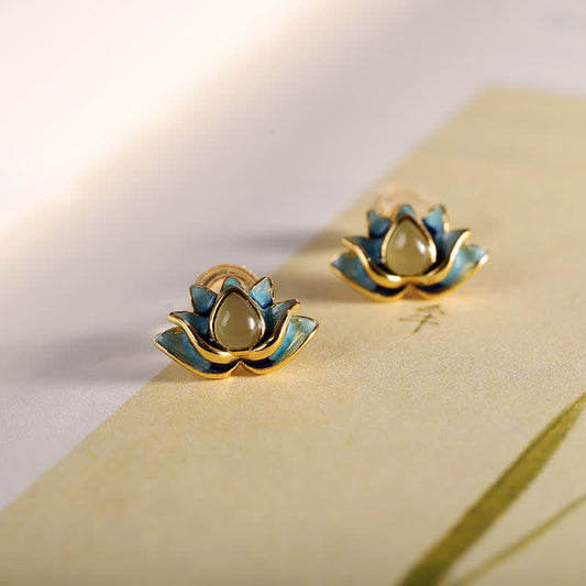 Boucles d'oreilles en argent sterling 925 et jade cyan Hetian, motif fleur de lotus, symbole de succès