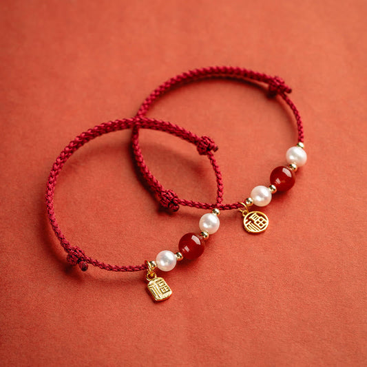 Ancient Tibetan Buddhist Red String Tradition 925 Sterling Silver Good Fortune Fu Character Agate Pearl Red String Braid Bracelet