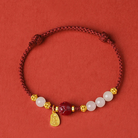 Jade-Armband, 24 Karat vergoldet, Hetian-Weißjade, Zinnober, Lotus-Glücksseil