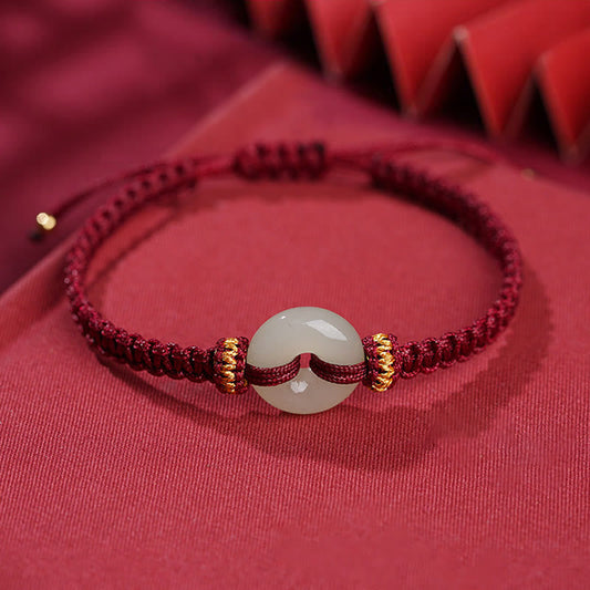 Ancient Tibetan Buddhist Red String Tradition Peace Buckle Jade Abundance Braided Bracelet