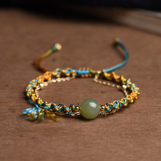 Ancient Tibetan Buddhist Red String Tradition Handmade Colorful Rope Luck Jade Bead Abundance Double Layer Bracelet