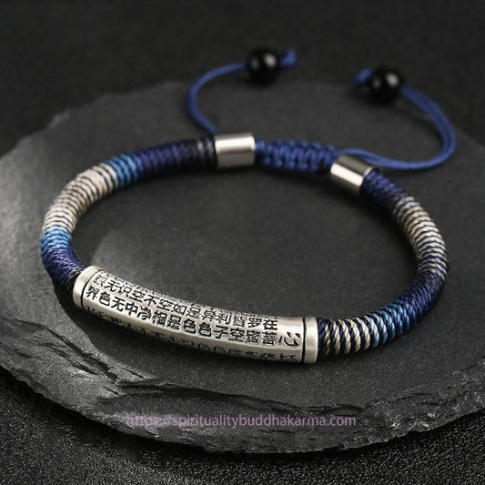 Antikes tibetisch-buddhistisches Armband mit roter Schnur, handgefertigt aus 999er Sterlingsilber, Herz-Sutra, beruhigendes Motiv.