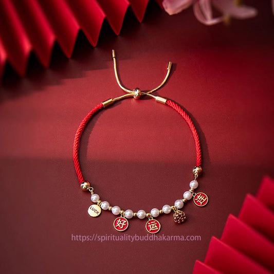 Ancient Tibetan Buddhist Red String Tradition Good Luck Pearl Lotus Charm Braided Red Rope Bracelet