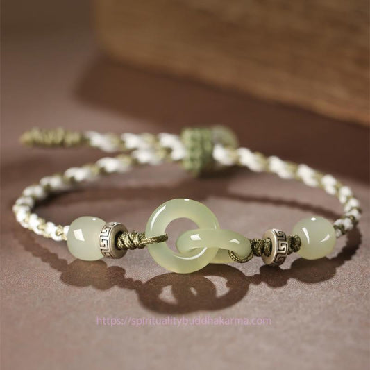 Antikes tibetisch-buddhistisches Armband mit roter Schnur aus natürlichem Hetian-Jade, Friedensschnalle und Glückssymbol