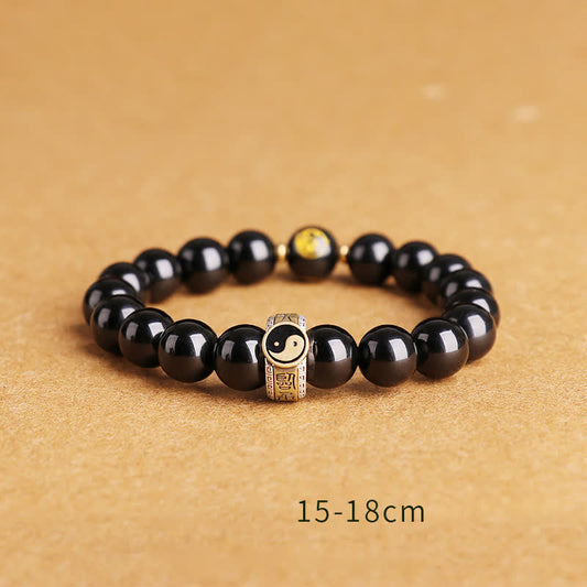 Spiritualität Buddha Karma 925 Sterling Silber Schwarzer Obsidian Goldglänzender Obsidian Silberglänzender Obsidian Yin Yang Schutzarmband