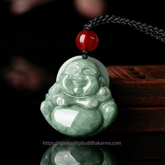 Spirituality Natural Green Jade Laughing Buddha Luck Abundance Necklace Pendant