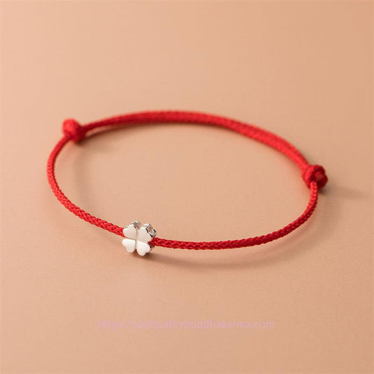 Ancient Tibetan Buddhist Red String Tradition 925 Sterling Silver Four Leaf Clover Red Rope Bracelet