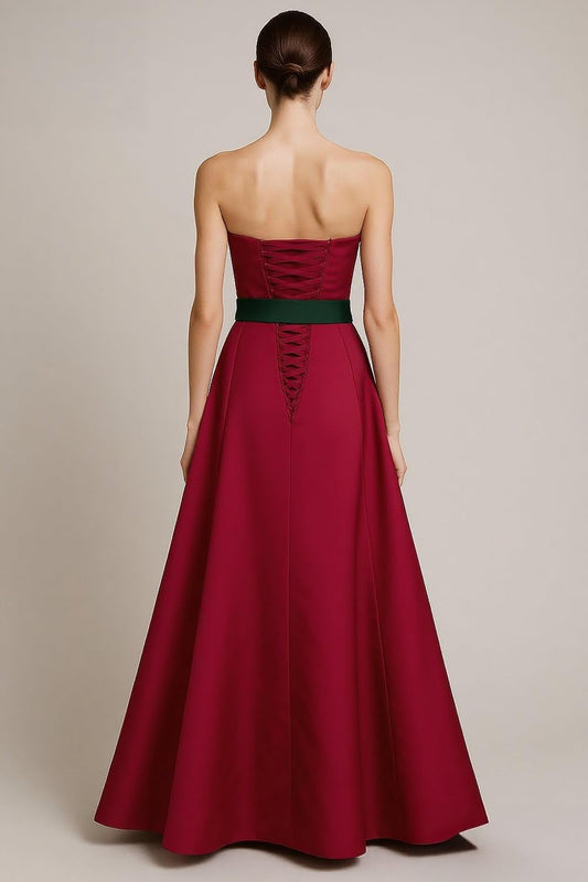Elegant Strapless Silk Satin Evening Dress, Wedding Bridesmaid Gown, Formal Occasion Dress with Lace-up Back and Built-in Bra