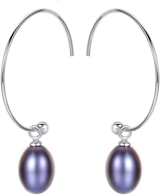 18ct White Gold Plt on 925 Sterling Silver,Natural FreshWater Pearl Earrings,Navy Color Gift Box,Women
