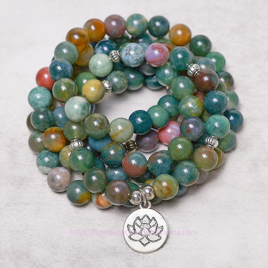 Spirituelles Armband mit 108 Mala-Perlen aus indischem Achat, Lotus-Motiv, OM-Buddha-Motiv, Lebensbaum-Motiv, für positive Ruhe und Gelassenheit