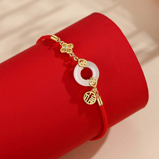 Bracelet traditionnel tibétain bouddhiste à corde rouge en argent sterling 999 et jade Hetian, boucle de paix, symbole Fu, corde rouge porte-bonheur