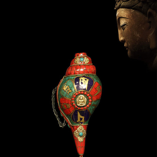 Tibetische Spiritualität, handgefertigte Shankha Om Mani Padme Hum Buddha-Muschel-Glücksdekoration