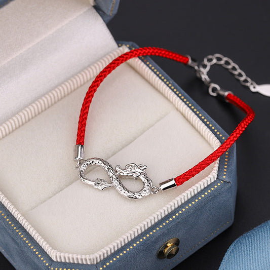 Altes tibetisch-buddhistisches Armband mit roter Schnur – Jahr des Drachen – 999er Sterlingsilber – Endlose Knoten – Glücks- und Schutzarmband