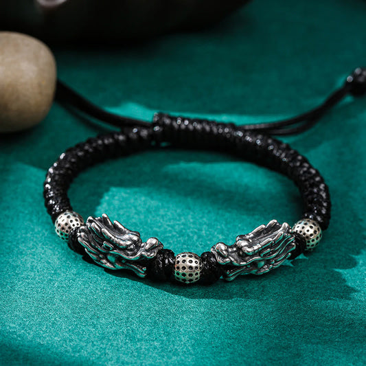 Bracelet tressé à la main, symbole de chance, en argent sterling 999, orné d'un double dragon et portant la tradition du fil rouge bouddhiste tibétain ancien