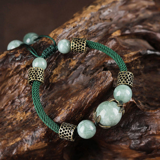Ancient Tibetan Buddhist Red String Tradition Handmade Green Rope Luck Jade Bead Prosperity Bracelet