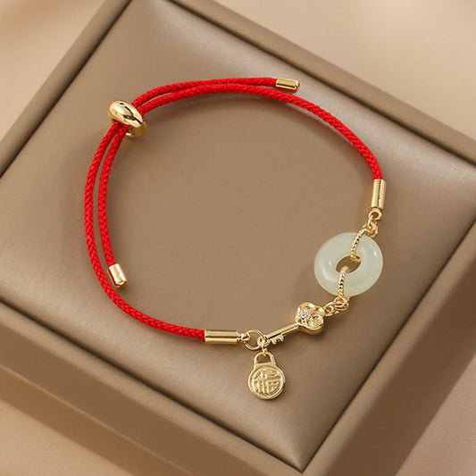 Ancient Tibetan Buddhist Red String Tradition 18K Gold Plated Hetian Jade Peace Buckle Fu Character Luck Red Rope Bracelet