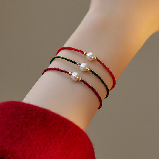 Ancient Tibetan Buddhist Red String Tradition Natural Pearl Bead Luck Braid String Bracelet