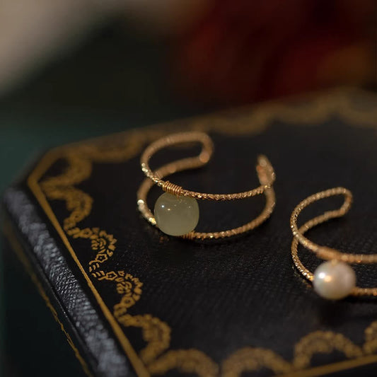 Jade Round Jade Pearl Bead Double Layer Copper Luck Adjustable Ring
