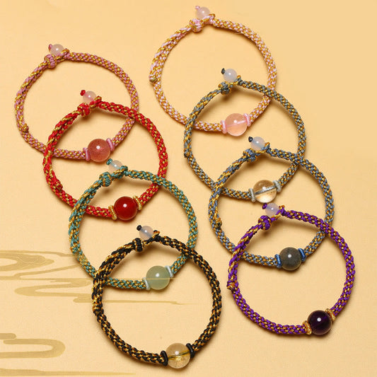 Ancient Tibetan Buddhist Red String Tradition Handmade Red Agate Amethyst Golden Rutilated Quartz Pink Crystal Bead Calm Braided Bracelet