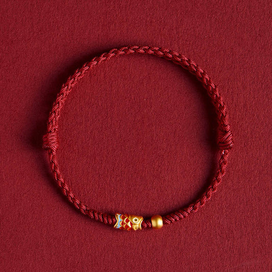 Ancient Tibetan Buddhist Red String Tradition 925 Sterling Silver Handmade Koi Fish Wealth Success Braided Rope Bracelet