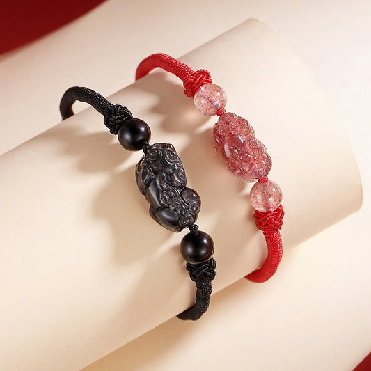 Ancient Tibetan Buddhist Red String Tradition Handmade Natural Silver Sheen Obsidian Strawberry Quartz PiXiu Protection Braided Bracelet