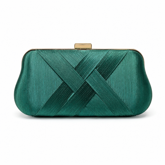 Green Satin-Gloss Fabric Evening Clutch Bag Metal Chain Elegant Retro Mini Evening Bag