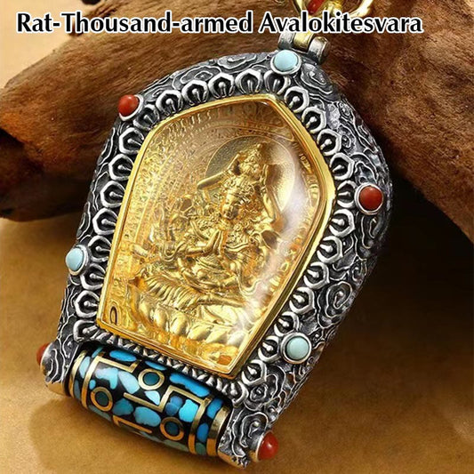 Spirituality Tibet Chinese Zodiac Natal Buddha Thangka Prosperity Rotatable Dzi Bead Necklace Pendant