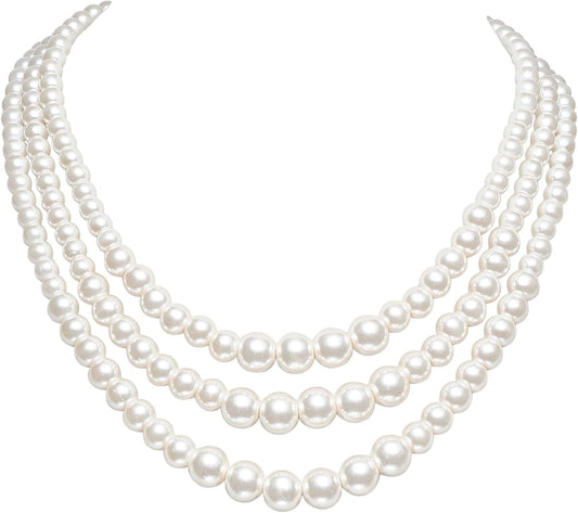 Round Imitation Pearl Necklace Vintage Multi Strands Necklace 20s Flapper Necklace for Party