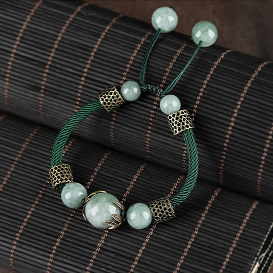 Ancient Tibetan Buddhist Red String Tradition Handmade Green Rope Luck Jade Bead Prosperity Bracelet