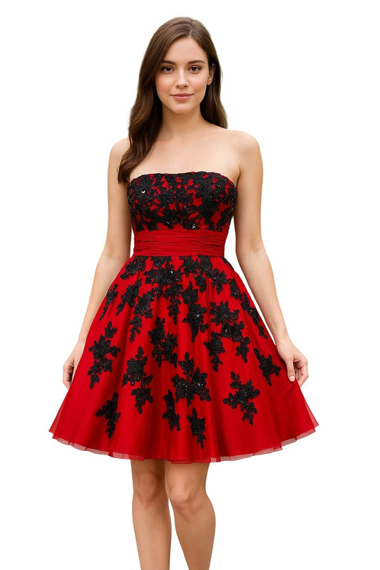 Red Strapless Embroidered Bridesmaid Dress with Black Lace Appliqué, Silver Beading, Built-in Bra and Adjustable Back Lace-Up, Perfect for Cocktail Parties, Formal Events, Prom Gowns,Beach Weddings