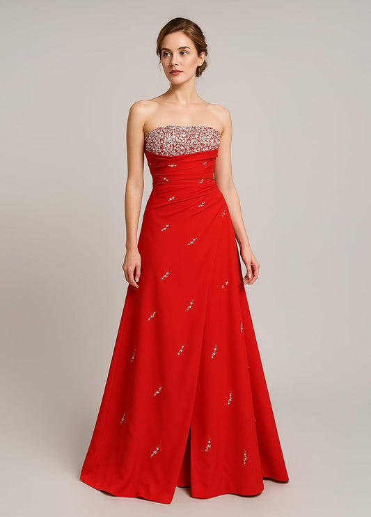 US12-14 Elegant Red Strapless Evening Gown with Handcrafted Beading and Lace-Up Back – Perfect for Proms, Galas, and Special Occasions