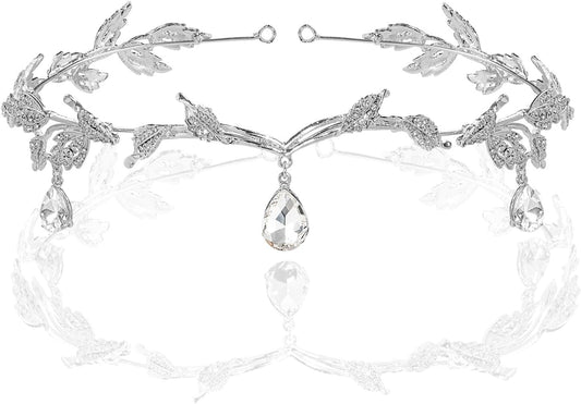 Crystal Leaf Wedding Diadem Headband Bridal Bridesmaid Forehead Band Rhinestone Bridal Tiara Crown with Gift Box