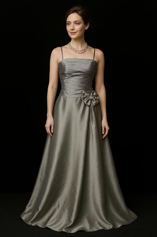Floor-Length Silver Satin Evening Dress with Spaghetti Straps and Bow Detail