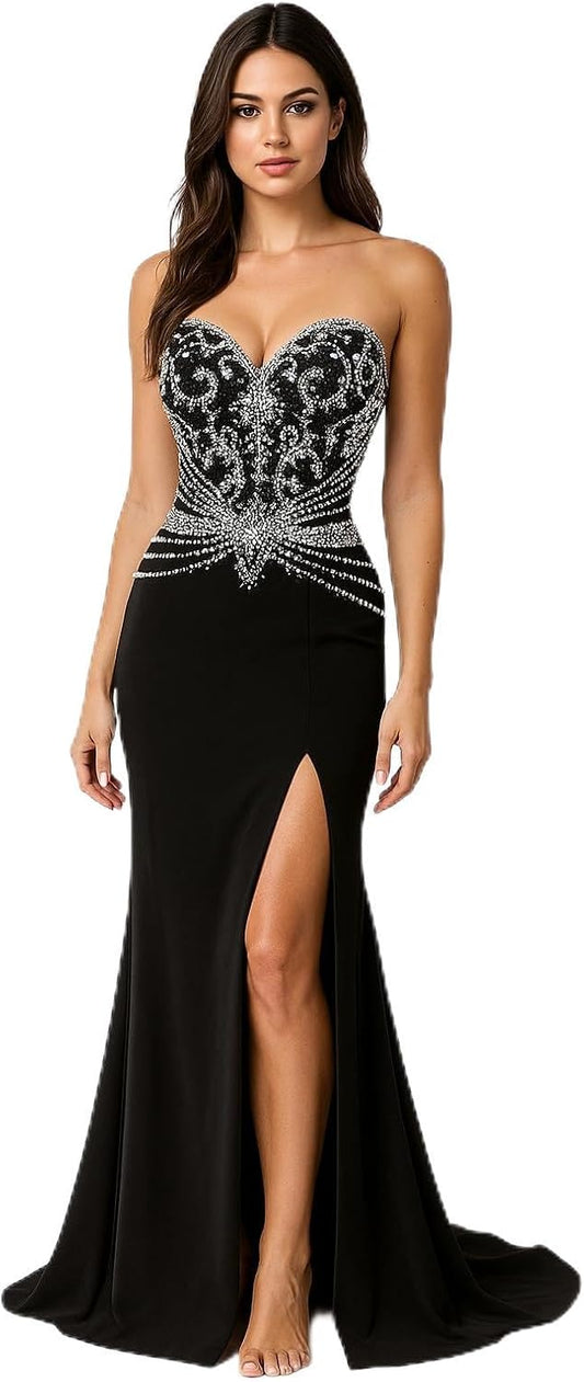 UK4 Heavy Beaded Black Chiffon Mermaid A-Line Prom Slit Evening Dress Gown Dress Skirt