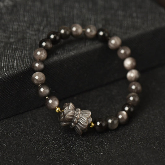 Spirituality Silver Sheen Obsidian Lotus Flower Nine Tailed Fox Laughing Buddha Protection Bracelet