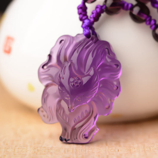 Golden Energy Citrine Natural Amethyst White Crystal Wealth Solar Plexus Chakra (Third Chakra) Nine Tailed Fox Luck Necklace Pendant