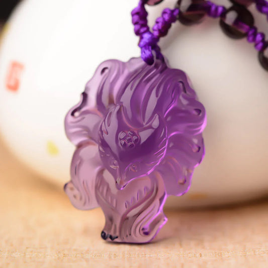 Golden Energy Citrine Natural Amethyst White Crystal Wealth Solar Plexus Chakra (Third Chakra) Nine Tailed Fox Luck Necklace Pendant